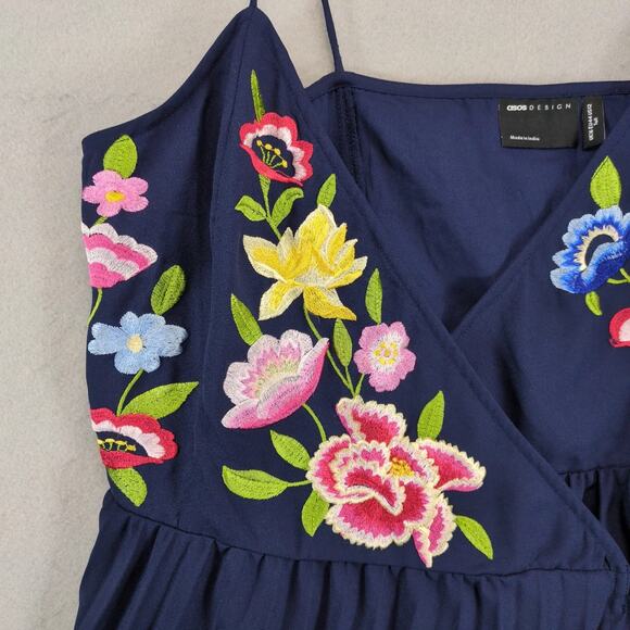 ASOS Design Navy Floral Embroidered Midi Wrap Dress 12 Tall Pleated Sleeveless - Picture 7 of 10